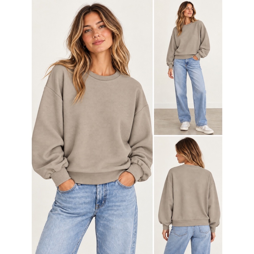 Lune Active Womens Amber Modern Fit Crew Sweatshirt Large Ribbed Oversized Tan